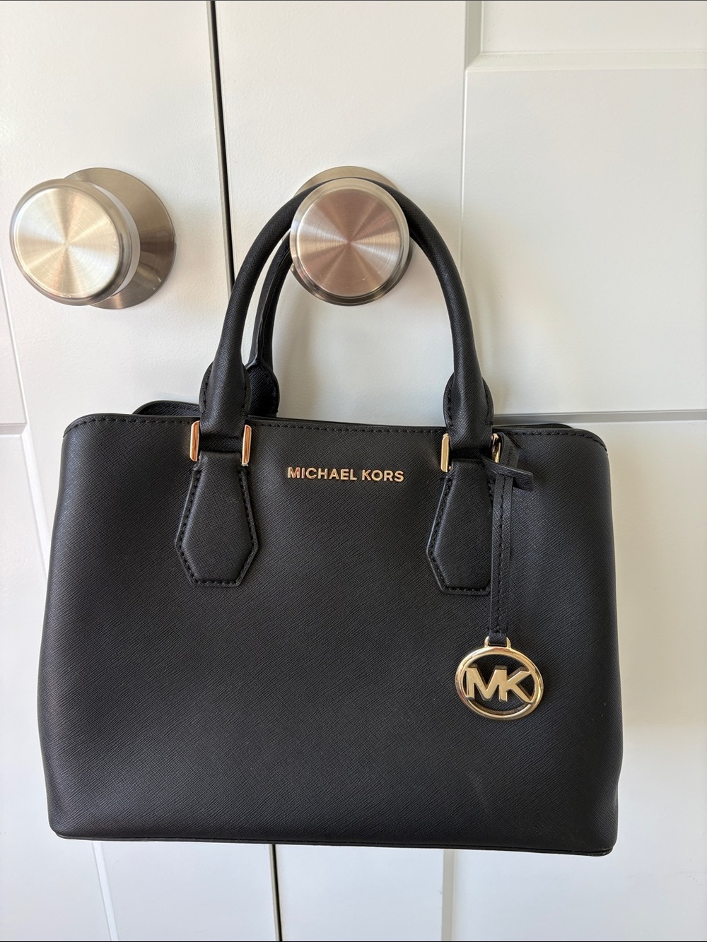 MICHAEL KORS Black Saffiano Leather Satchel with Gold MK Charm